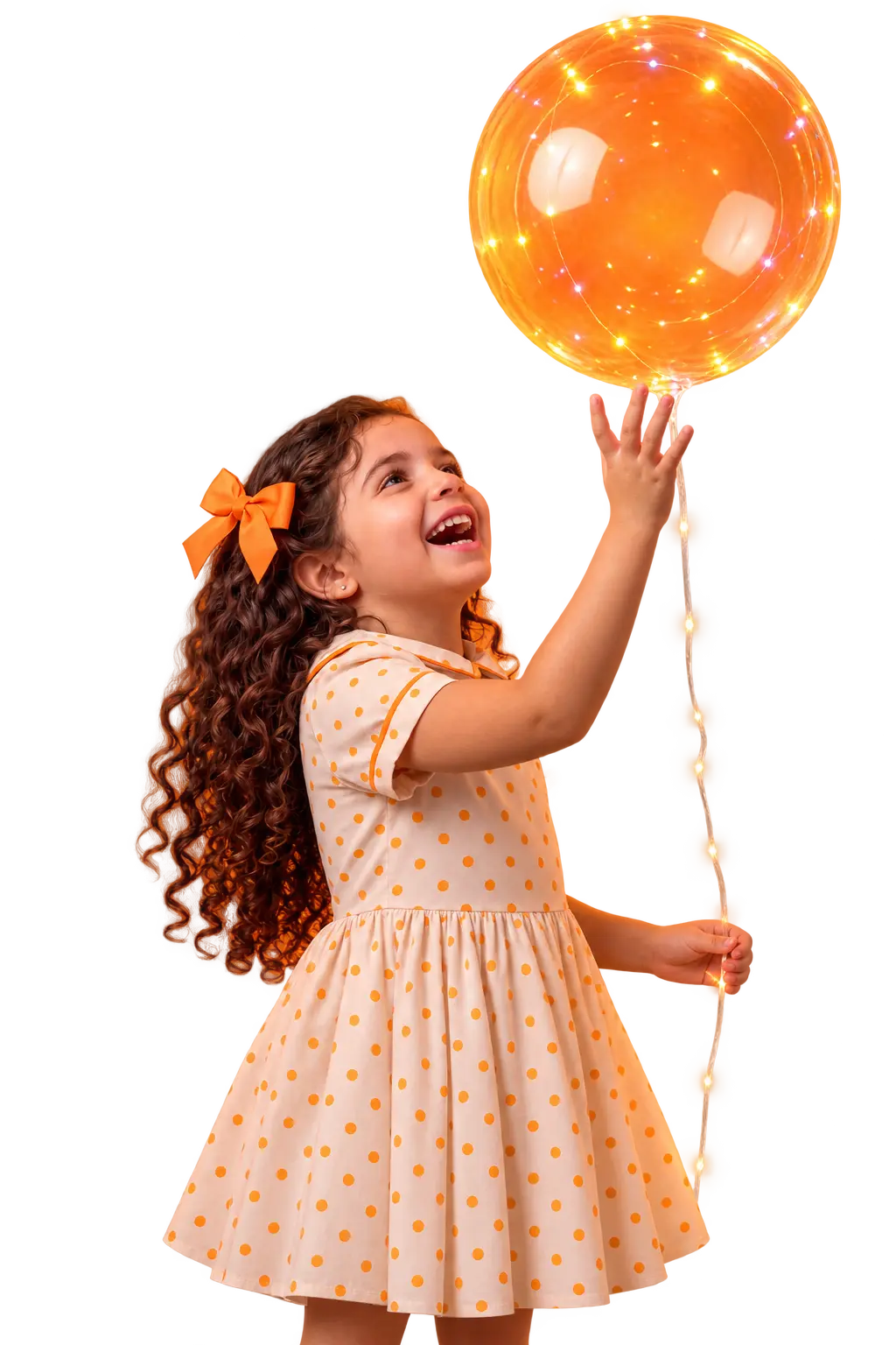Menina sorrindo e alcançando um balão iluminado