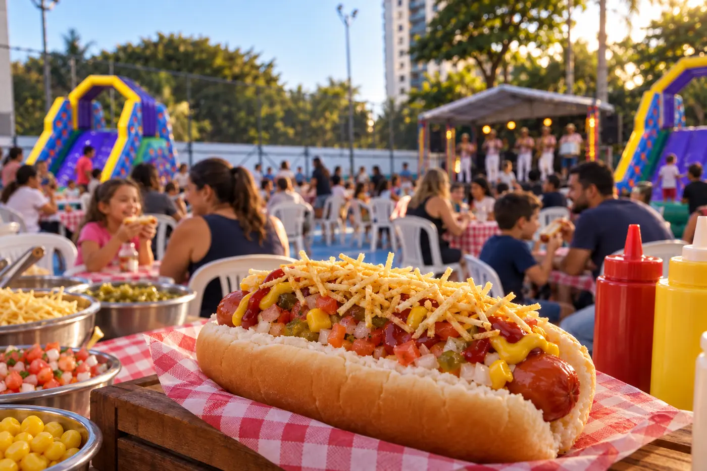 Cachorro-quente servido na área de alimentação do evento