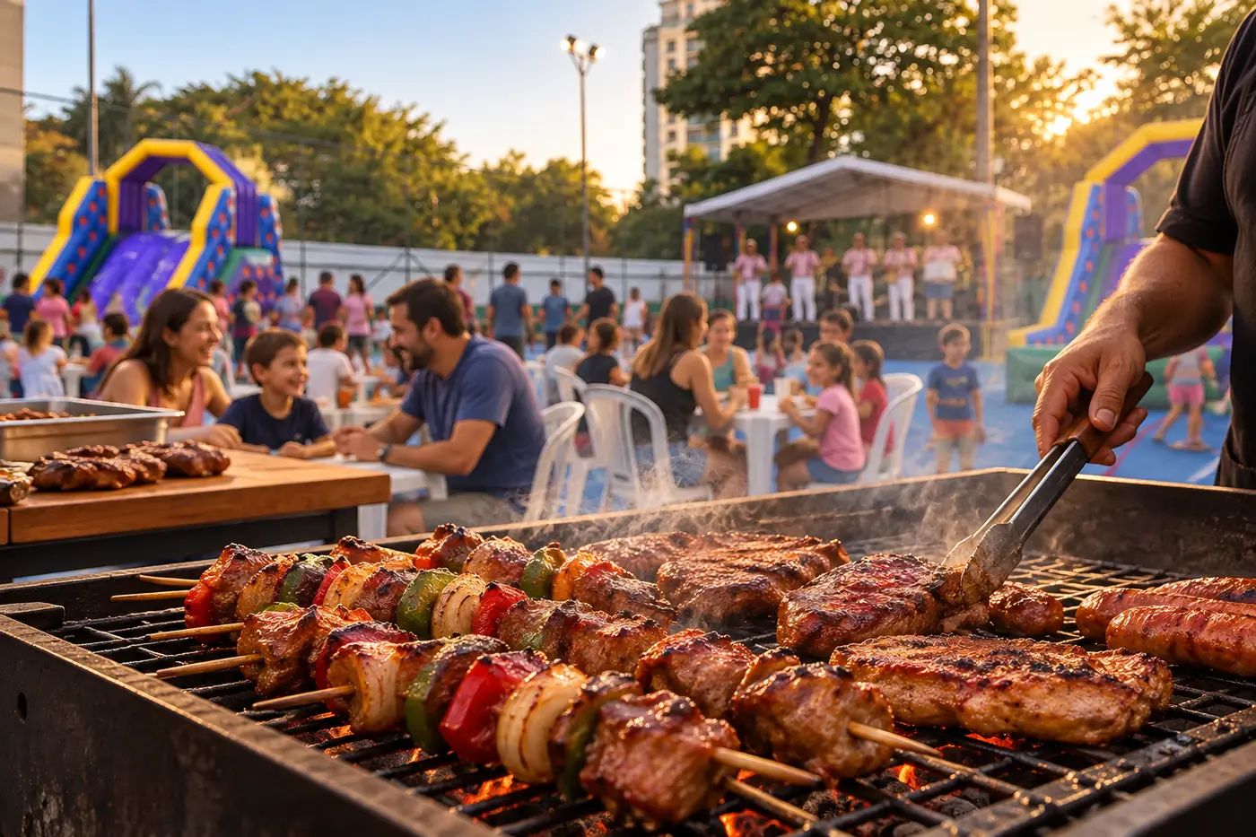 Churrasco sendo preparado durante o evento na quadra