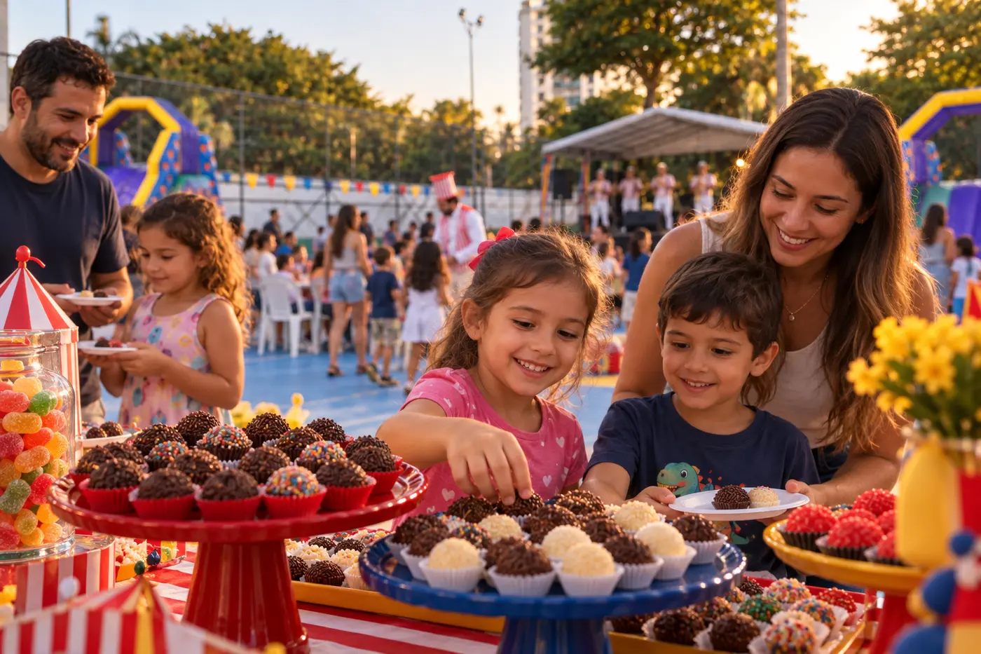 Crianças escolhendo doces na área de alimentação