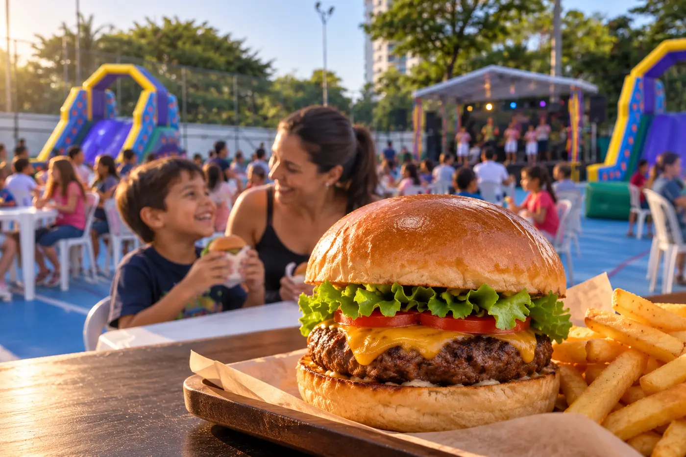 Hambúrguer artesanal com famílias no evento ao fundo