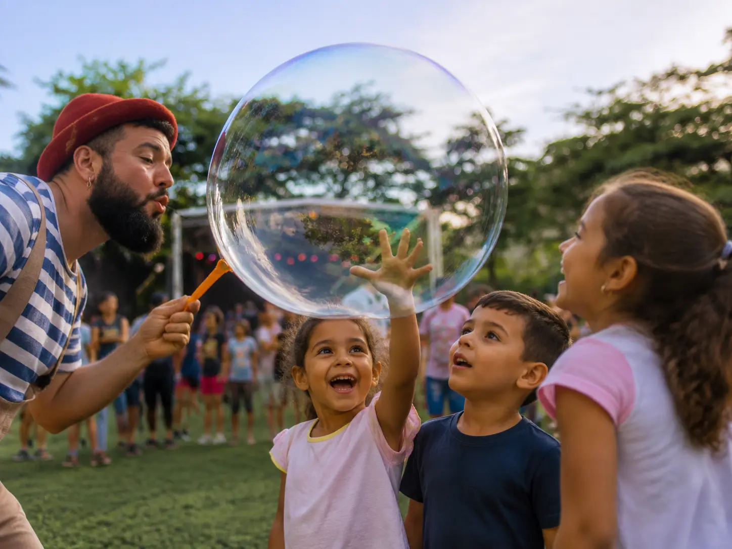 Artista criando uma bolha gigante com crianças