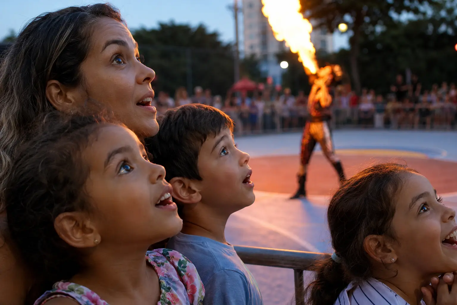 Crianças observando uma apresentação de pirofagia