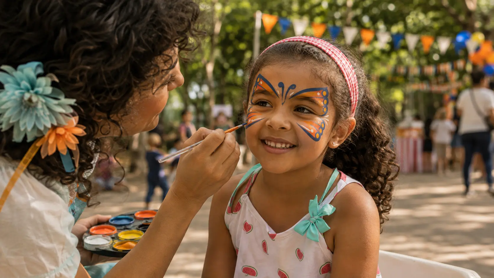 Menina sorrindo durante uma pintura facial