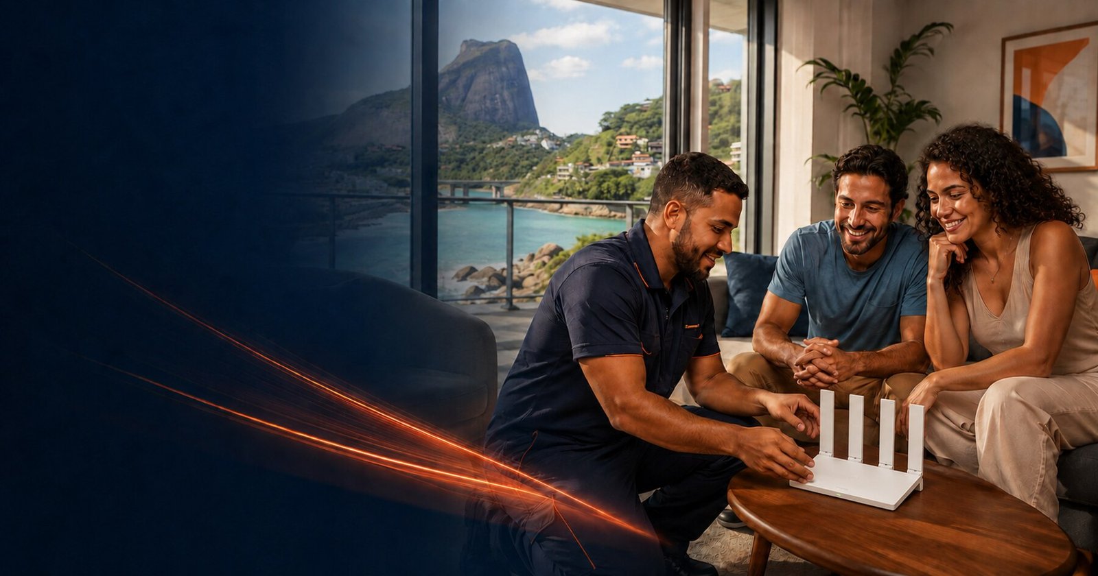 Técnico da Raro configurando um roteador Mesh com uma família na Barra da Tijuca