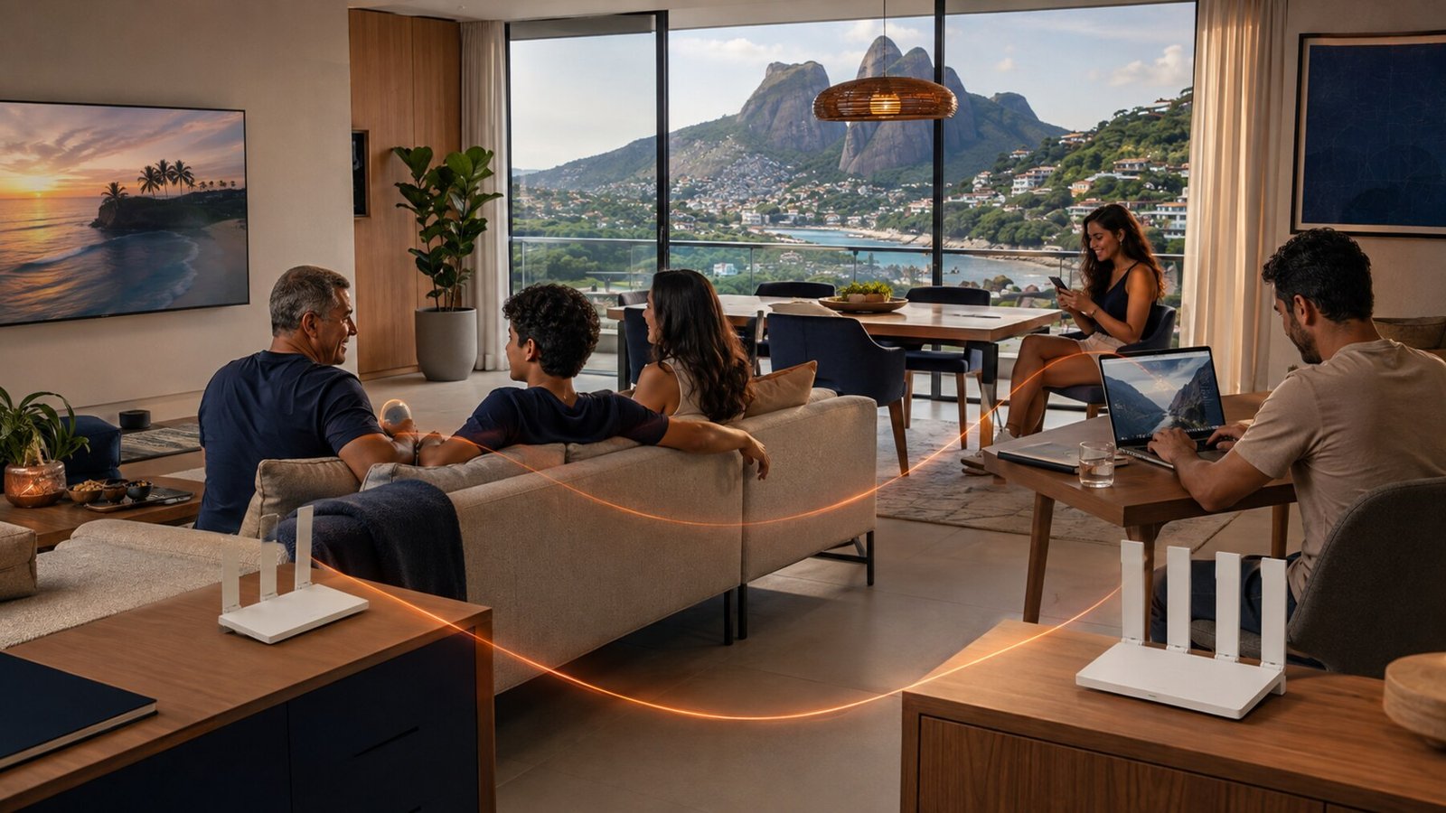 Família usando a internet em diferentes ambientes conectados pela rede Raro Mesh